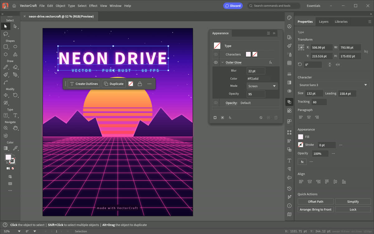 Anteprima dell'editor originale VectorCraft di ArtCraft